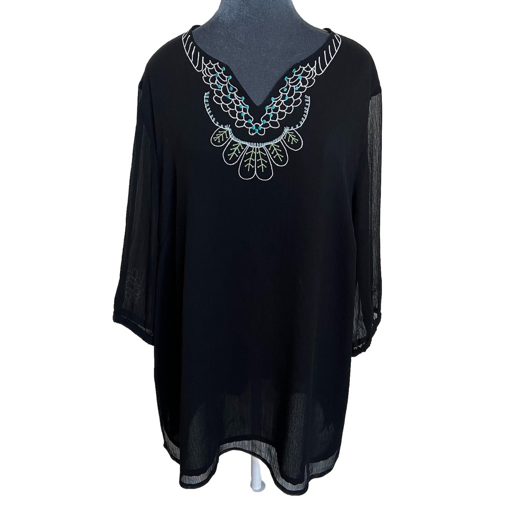 Black Blouse Top‎ 1X Embroidered Boho Witchy Fairy Whimsigoth Dark Fairy Grunge